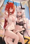  2girls arknights bare_shoulders bikini black_bikini black_nails breasts cherry cleavage detached_sleeves flower food frills fruit hair_flower hair_ornament halterneck highres horns jewelry large_breasts long_hair long_sleeves looking_at_viewer mudrock_(arknights) mudrock_(silent_night)_(arknights) multiple_girls navel necklace official_alternate_costume parted_lips pointy_ears purple_eyes red_eyes red_hair ru_zhai side-tie_bikini_bottom sidelocks sitting sitting_on_lap sitting_on_person surtr_(arknights) surtr_(colorful_wonderland)_(arknights) swimsuit thigh_strap very_long_hair wet white_hair 