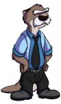  absurd_res anthro bottomwear brok_the_investigator brown_body brown_fur clothing facial_hair fur hi_res hubie360 male mammal mustache mustelid necktie official_art otter pants shirt simple_background solo topwear wes_(brok_the_investigator) white_background 