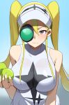  1girl absurdres ball black_eyes blonde_hair breasts hakodate_omiko highres holding kill_la_kill large_breasts long_hair looking_at_viewer scope sleeveless solo sportswear t-lex tennis_ball tennis_uniform twintails visor_cap 