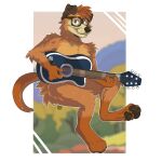  anthro bluey_(series) brown_body brown_fur busker_(bluey) canid canine canis domestic_dog eyewear fangs floppy_ears fur glasses guitar hi_res joff_bush male mammal musical_instrument pawpads paws plucked_string_instrument skyfox911 solo string_instrument teeth 