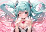  1girl ;q bare_shoulders black_choker blue_eyes blue_hair blue_nails blush breasts choker cleavage commentary floating_hair gem hair_ornament hatsune_miku heart heart-shaped_gem heart_hands highres long_hair looking_at_viewer meion miku_day one_eye_closed red_gemstone solo tongue tongue_out twintails upper_body vocaloid 