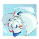  anthro big_breasts blue_body blue_eyes blue_fur breasts brown_eyes clothing cloud female fire fur generation_4_pokemon hi_res huge_breasts hybrid hybrid_pokemon lightmizano long_ears lopunny nintendo pokemon pokemon_(species) sky solo thick_thighs tight_clothing tight_fit tight_topwear togekiss topwear white_body white_fur 