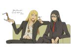  2boys asaya_minoru between_fingers black-framed_eyewear black_jacket black_pants black_shirt blonde_hair blue_eyes cigarette closed_mouth collarbone collared_shirt couch crossed_legs english_text eyewear_removed fate/grand_order fate_(series) glasses holding holding_cigarette holding_eyewear jacket long_hair long_sleeves lord_el-melloi_ii lord_el-melloi_ii_case_files male_focus multiple_boys necktie on_couch orange-tinted_eyewear pants red_necktie shirt short_eyebrows simple_background sitting sunglasses swept_bangs tezcatlipoca_(fate) thick_eyebrows tinted_eyewear twitter_username very_long_hair waver_velvet white_background white_shirt 