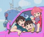  1other 2boys 2girls barefoot blush_stickers boat brown_hair car father_and_daughter feet female_child fujimoto_(ponyo) gake_no_ue_no_ponyo happy highres lisa_(ponyo) mother_and_son motor_vehicle multiple_boys multiple_girls ponyo sousuke_(ponyo) studio_ghibli teeth toes tombiiwa upper_teeth_only watercraft 
