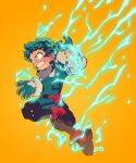 1boy absurdres bodysuit boku_no_hero_academia commentary electricity english_commentary freckles gloves green_eyes green_hair highres lougouvea male_focus midoriya_izuku orange_background short_hair simple_background solo spiked_hair teeth white_gloves 