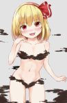  1girl absurdres blonde_hair blush breasts collarbone convenient_censoring darkness fangs hairband highres looking_at_viewer navel nude open_mouth red_eyes rumia short_hair simple_background small_breasts smile solo techi_(techi35499) touhou white_background 