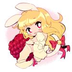  1girl animal_ears bell blonde_hair blush_stickers bow bright_pupils cat_tail chibi closed_mouth commission dress eyelashes food fruit gloves highres kitchupsandwich long_hair magical_girl mew_berry name_connection object_namesake rabbit_ears raspberry red_eyes red_ribbon ribbon shirayuki_berry simple_background smile solo tail tail_bell tail_bow tail_ornament tokyo_mew_mew tokyo_mew_mew_a_la_mode very_long_hair white_background white_bow white_dress white_footwear white_gloves white_pupils 