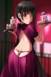  1girl :p absurdres ass backless_dress backless_outfit black_bow black_hair blurry blurry_background blush bow brown_eyes closed_mouth depth_of_field dress from_behind highres holding holding_tray indoors looking_at_viewer looking_back matsunaga_kouyou nose_blush original panties puffy_short_sleeves puffy_sleeves purple_dress purple_panties short_sleeves smile solo thong tongue tongue_out tray underwear 