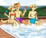  3_toes 4_fingers abs anthro bird_dog blue_bottomwear blue_clothing blue_shorts bottomwear canid canine canis cat_ears_(disambiguation) clothing copycat_(paw_patrol) diacordst dog_ears domestic_cat domestic_dog ella_(paw_patrol) feet felid feline felis female fingers flirting golden_retriever group hunting_dog male male/female mammal muscular muscular_anthro navel paw_patrol paws purple_bottomwear purple_clothing purple_shorts retriever shorts tabby_cat tail toes trio tuck_(paw_patrol) 