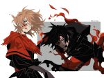  2boys black_cloak black_hair black_shirt blonde_hair blood blood_on_face blue_eyes border brothers capelet clive_rosfield cloak facial_hair final_fantasy final_fantasy_xvi fire fringe_trim grey_background hair_between_eyes joshua_rosfield kuroihato medium_hair messy_hair multiple_boys parted_lips red_capelet red_vest scar scar_on_cheek scar_on_face shirt siblings stubble twitter_username upper_body vest white_border 