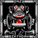  16-bit 1:1 5_fingers ambiguous_gender bared-teeth big_ears biped black_background blank_stare border bottomwear candy clothing cymbals dessert digital_media_(artwork) english_text feral fingers food from_front_position front_view full-length_portrait grey_border grey_text haplorhine holding_cymbals holding_musical_instrument holding_object inanimate_object lotus_position mammal monkey musical_instrument number pants partially_colored pattern_bottomwear pattern_clothing pattern_pants percussion_instrument pixel_(artwork) portrait primate restricted_palette scp-983 scp_foundation sex simple_background sitting snarferman solo striped_bottomwear striped_clothing striped_pants stripes teeth text toy 