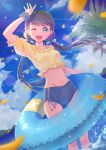  1girl blue_sky brown_hair cloud green_eyes highres innertube long_hair looking_at_viewer love_live! love_live!_superstar!! low_twintails macken midriff navel one_eye_closed open_mouth palm_leaf puffy_short_sleeves puffy_sleeves sakurakouji_kinako shirt short_sleeves sky smile solo standing twintails water yellow_shirt 