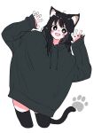  :d ahoge animal_ears black_eyes black_hair black_hoodie black_shorts blush cat_ears cat_girl cat_tail claw_pose commentary_request fangs happy highres hood hoodie long_hair medium_bangs megateru messy_hair original oversized_clothes paw_print shorts simple_background skindentation sleeves_past_wrists smile tail tareme thighhighs very_long_hair white_background 