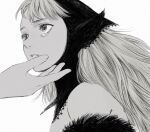  1girl bare_shoulders detached_hood dungeon_meshi ear_covers elf from_side frs2 fur_trim greyscale hood lace_trim long_hair looking_at_another looking_away marcille monochrome out_of_frame parted_lips pointy_ears portrait reaching simple_background solo_focus spoilers tears 