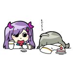  2girls :< ahoge arms_on_table assault_lily blush bow bowtie cake cake_slice chibi closed_mouth commentary covered_face cup elbow_on_table food grey_hair hair_ornament hair_ribbon hand_on_own_cheek hand_on_own_face head_on_table head_rest herensuge_girls_academy_school_uniform highres holding holding_cup jacket konpeitoull_(c12h22o11_tr_6) long_hair long_sleeves looking_at_another looking_to_the_side matsumura_fuuka multiple_girls pink_ribbon plate purple_hair red_bow red_bowtie ribbon sasaki_ran saucer school_uniform simple_background sleeves_past_fingers sleeves_past_wrists strawberry_shortcake swept_bangs tassel tassel_hair_ornament teacup translated twintails white_background white_jacket 