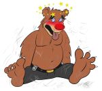  2023 4_toes anthro bear belly bottomwear brok_the_investigator brown_body clothing feet hi_res jolly_the_lizard jollyville male mammal moobs navel pants r.j._(brok_the_investigator) simple_background sitting slightly_chubby solo toes tongue tongue_out white_background 