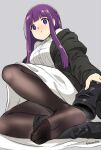  1girl akaza black_pantyhose blush boots breasts fern_(sousou_no_frieren) highres long_hair pantyhose pout purple_eyes purple_hair sitting solo sousou_no_frieren unworn_boots 