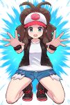  1girl :o baseball_cap black_vest black_wristband blue_shorts boots brown_hair collarbone commentary_request exposed_pocket eyelashes green_eyes hat high_ponytail highres hilda_(pokemon) kutabireta_neko long_hair open_mouth pokemon pokemon_bw ponytail shirt shorts sidelocks sleeveless sleeveless_shirt socks solo spread_fingers teeth upper_teeth_only vest white_headwear white_shirt wristband 