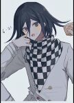  1boy :o black_hair buttons checkered_clothes checkered_scarf danganronpa_(series) danganronpa_v3:_killing_harmony dated flipped_hair food food_on_face grey_jacket hands_up holding jacket knee_up long_sleeves looking_at_viewer male_focus oma_kokichi purple_eyes scarf seuli_(sa404_3) simple_background solo white_background 