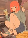  1girl absurdres barefoot chicken_nuggets cup disposable_cup drinking_straw feet highres knees_up legs mcdonald&#039;s mohoshadream mother_(yoru_mac) nail_polish orange_hair orange_nails sandals single_sandal smile spread_toes toenail_polish toenails toes yoru_mac 