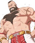  1boy abs bara beard bracer brown_hair chest_hair closed_eyes facial_hair hairy highres large_pectorals male_focus mature_male mohawk multiple_scars muscular muscular_male navel nipples pectorals sa1k0p scar scar_on_shoulders short_hair smile solo street_fighter street_fighter_6 sweat topless_male very_short_hair zangief 