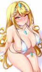  1girl anger_vein anisdrawn armpit_crease blonde_hair blush breasts cleavage collarbone commentary core_crystal_(xenoblade) embarrassed eyelashes from_above highres large_breasts long_hair mythra_(xenoblade) simple_background sitting solo sweat swimsuit thigh_strap tiara white_background xenoblade_chronicles_(series) xenoblade_chronicles_2 yellow_eyes 