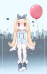  1girl absurdres balloon blonde_hair border city closed_mouth commentary drawstring flat_chest flipped_hair full_body grey_background grey_footwear grey_hairband grey_shorts hair_between_eyes hairband highres holding holding_balloon hood hood_down hoodie kanikan legs_together long_hair looking_at_viewer original outline red_eyes shoes shorts sitting skyline sleeveless sleeveless_hoodie solo star_(symbol) straight-on very_long_hair white_outline 