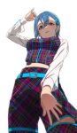  1girl belt blue_belt blue_hair breasts dancing_raspberry feet_out_of_frame from_below hair_between_eyes hair_ornament hairclip hand_on_own_thigh long_sleeves looking_at_viewer love_live! love_live!_superstar!! medium_breasts midriff multicolored_pants multicolored_shirt parted_lips pinghaininghai red_eyes short_hair solo upper_body wakana_shiki white_background white_sleeves 