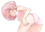  1girl ass bra breasts comah from_side leaning_forward looking_at_viewer looking_to_the_side original panties parted_lips pink_bra pink_hair pink_panties red_eyes short_hair small_breasts solo underwear underwear_only 