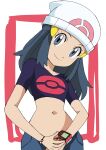  1girl alternate_costume beanie black_hair bracelet closed_mouth collarbone commentary_request cropped_shirt dawn_(pokemon) eyelashes grey_eyes hainchu hair_ornament hairclip hat head_tilt highres jewelry long_hair looking_at_viewer midriff navel poke_ball_print pokemon pokemon_(anime) poketch purple_shirt shirt short_sleeves shorts sidelocks smile solo split_mouth watch white_background white_headwear wristwatch 