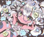  1girl bandaid bandaid_on_arm blurry blurry_background emoji glasses hands_up head_tilt heart heart-shaped_eyewear highres looking_at_viewer maiandkoh moon_(symbol) nerd_emoji night night_sky original pixel_art sky star_(sky) star_(symbol) vhs_artifacts white_hair yellow_eyes yume_kawaii 