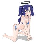  1girl :d all_fours bare_arms bare_legs bare_shoulders barefoot bikini blue_archive blue_bikini blush breasts colorized fried_bocky hair_between_eyes hair_ornament halo highres looking_at_viewer navel open_mouth purple_eyes purple_hair pussy_juice side-tie_bikini_bottom simple_background small_breasts smile solo string_bikini sweat swimsuit trembling two_side_up wet white_background yuuka_(blue_archive) 