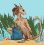  2019 akrolayn anthro backpack black_claws blue_background blue_backpack brown_hair claws digital_media_(artwork) digital_painting_(artwork) female full-length_portrait fur hair mammal multicolored_body multicolored_fur nude outside plant ponytail portrait sergal simple_background sitting solo tail tail_tuft tan_body tan_fur toe_claws tuft two_tone_body two_tone_fur yellow_body yellow_fur 
