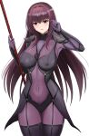  1girl absurdres armor bodysuit breasts covered_navel fate/grand_order fate_(series) gae_bolg_(fate) hair_between_eyes highres higofushi large_breasts long_hair looking_at_viewer parted_lips pauldrons polearm purple_bodysuit purple_hair red_eyes scathach_(fate) shoulder_armor solo spear thighs weapon 