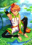  1boy absurdres bandaid bandaid_on_face barefoot black_leggings closed_mouth detached_sleeves frog full_body gloves green_hood highres leggings lily_pad male_focus mikkoukun orange_eyes orange_gloves orange_hair original rain smile solo water 