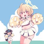  2girls ? ahoge bare_shoulders blonde_hair blue_archive blue_sky blush braid breasts brown_eyes brown_hair brown_tail cheerleader cleavage cloud commentary_request cowboy_shot crop_top day dog_girl hair_between_eyes halo highres holding holding_pom_poms horoyuki_(gumizoku) kotori_(blue_archive) kotori_(cheer_squad)_(blue_archive) large_breasts long_hair looking_at_viewer midriff millennium_cheerleader_outfit_(blue_archive) miniskirt muffin_top multiple_girls navel no_nose open_mouth outdoors pleated_skirt pom_pom_(cheerleading) short_twintails skirt sky sweat tareme thighlet twintails white_skirt wing_collar yellow_halo 