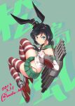  1girl ahoge black_hair black_hairband black_neckerchief black_panties breasts cosplay crop_top elbow_gloves gloves green_eyes green_sailor_collar green_skirt hairband hat highleg highleg_panties kantai_collection matsukaze_(kancolle) microskirt mini_hat mini_top_hat moke_ro neckerchief panties pleated_skirt rigging rudder_footwear sailor_collar shimakaze_(kancolle) shimakaze_(kancolle)_(cosplay) short_hair skirt small_breasts smile solo striped striped_thighhighs thighhighs thong top_hat torpedo underwear wavy_hair white_gloves 