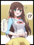  !? 1girl :d absurdres alternate_hairstyle aqua_eyes blush breasts brown_hair hair_down highres long_hair long_sleeves medium_breasts no_headwear notice_lines open_mouth poke_ball_print pokemon pokemon_(game) pokemon_bw2 raglan_sleeves rosa_(pokemon) shabana_may short_shorts shorts smile solo speech_bubble sweat translation_request yellow_shorts 