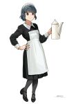  1girl alternate_costume black_hair enmaided full_body hand_on_own_hip highres holding horikou maid maid_headdress pantyhose pink_eyes shima_saki short_hair smile solo teapot white_background yurucamp 