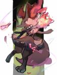  1girl animal_ear_fluff animal_ears animal_feet animal_nose arms_up artist_name black_fur body_fur braixen commentary_request fang feet fire flat_chest fox_ears fox_girl fox_tail full_body furry furry_female green_background highres holding holding_stick ikei looking_to_the_side multicolored_fur neck_fur one-hour_drawing_challenge open_mouth outside_border outstretched_arm petals pillarboxed pokemon pokemon_(creature) profile red_eyes signature sketch skin_fang snout solo standing stick tail white_fur yellow_fur 