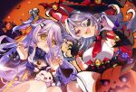  2girls ahoge black_cape black_gloves bra breasts cape claw_pose cleavage_cutout clothing_cutout dress eyepatch fangs geega_(underworld_casual)_(vtuber) geega_(vtuber) gloves grey_hair hair_between_eyes hair_ornament hairpin halloween hat henya_the_genius jacket jyuka_en long_bangs long_hair looking_at_viewer multiple_girls open_mouth patchwork_skin pointy_ears pumpkin purple_dress purple_hair purple_jacket red_bra red_cape red_eyes shirt single_glove sleeveless sleeveless_dress small_breasts smile two-sided_cape two-sided_fabric two_side_up underwear virtual_youtuber vshojo white_shirt witch_hat yellow_eyes 