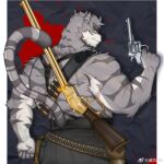  1boy animal_ears ass bara beard facial_hair from_behind furry furry_male grey_fur gun holding holding_gun holding_weapon looking_at_viewer male_focus mature_male muscular muscular_male original rifle seductive_smile short_hair smile solo tail thick_eyebrows tiger_boy tiger_ears tiger_tail tusks weapon weapon_behind_back weisun_(leoooliooon) white_fur 
