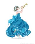  1girl ai_(aria) alternate_costume aqua_footwear aria arms_up bare_shoulders blue_dress brown_eyes copyright copyright_name dated dress floral_print flower from_side green_hair hair_flower hair_ornament high_heels highres holding holding_instrument instrument looking_at_viewer medium_hair music official_art playing_instrument simple_background smile solo standing standing_on_one_leg strappy_heels toe_cleavage trumpet white_background 