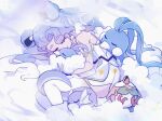 1girl altaria blue_hair closed_eyes cloud detached_sleeves dratini flying_miku_(project_voltage) hatsune_miku highres light_purple_hair long_hair lying lying_on_cloud official_alternate_costume pokemon pokemon_(creature) project_voltage purple_eyes rowlet see-through see-through_sleeves sleeping user_ycsp4587 very_long_hair vocaloid 