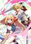  1boy 1girl :d ahoge blonde_hair blue_eyes breasts cleavage crossover dragalia_lost euden fingerless_gloves gloves green_eyes hair_between_eyes highres holding holding_sword holding_weapon long_hair looking_at_viewer nonono_(1399900) open_mouth orange_hair pecorine_(princess_connect!) princess_connect! short_hair smile sword tiara weapon 