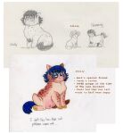  2022 ambiguous_gender blue_mane blue_tail brown_body brown_fur brown_text character_name charming_(federalchemical1728) colored_pencil_(artwork) concept_art crotch_breasts english_text eyelashes federalchemical1728 female feral fluffy_pony fluffy_pony_(species) frown fur graphite_(artwork) group half-closed_eyes handwritten_text hooves looking_at_viewer mammal mane narrowed_eyes nipples olivia_(federalchemical1728) pencil_(artwork) pink_nipples sad shelly_(federalchemical1728) simple_background sitting sketch sketch_page standing tail tan_body tan_fur text traditional_media_(artwork) trio unguligrade white_background yellow_hooves 