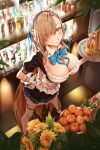  1girl absurdres alcohol apron asuna_(blue_archive) bar_(place) black_dress blue_archive blue_bow blue_eyes blue_ribbon bottle bow breasts cleavage cocktail cocktail_glass cup dress drinking_glass flower food fruit fruit_bowl gloves grin highres holding holding_tray indoors jhigf light_brown_hair long_hair looking_at_viewer maid maid_apron maid_headdress mole mole_on_breast ribbon smile solo teeth thighhighs tray very_long_hair white_gloves white_thighhighs 