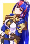  1girl absurdres alear_(female)_(fire_emblem) alear_(fire_emblem) belt blue_eyes blue_hair brown_gloves commentary crossed_bangs fire_emblem fire_emblem_engage gloves hair_between_eyes heterochromia highres long_hair looking_at_viewer multicolored_hair official_alternate_costume red_eyes red_hair solo split-color_hair tiara to_(tototo_tk) two-tone_hair 