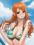  1girl ahoge arm_tattoo bikini blue_sky breasts brown_eyes closed_mouth cloud day green_bikini green_nails hand_up kyopink large_breasts lips long_hair nami_(one_piece) one_piece orange_hair outdoors sky smile solo swimsuit tattoo twintails upper_body wet 