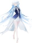  1girl bare_legs barefoot blue_hair closed_eyes closed_mouth crossed_legs dress focalors_(genshin_impact) full_body genshin_impact grey_hair hair_between_eyes highres juliet_sleeves long_hair long_sleeves puffy_sleeves simple_background solo spoilers standing umnume very_long_hair watson_cross white_background white_hair 